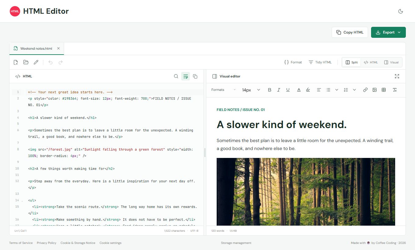 HTML Editor in split view with the HTML source on the left and the visual editor on the right