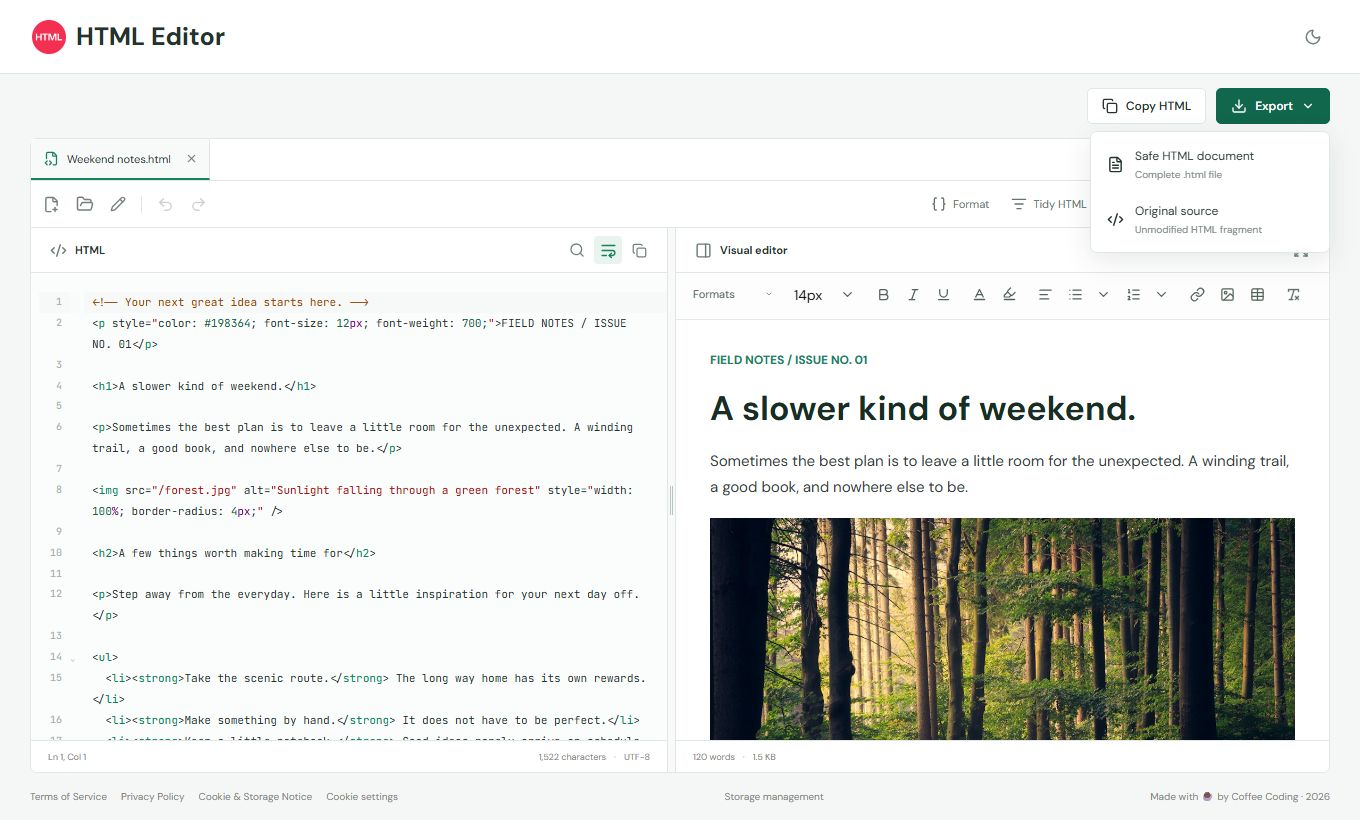 The Export menu with Safe HTML document and Original source options