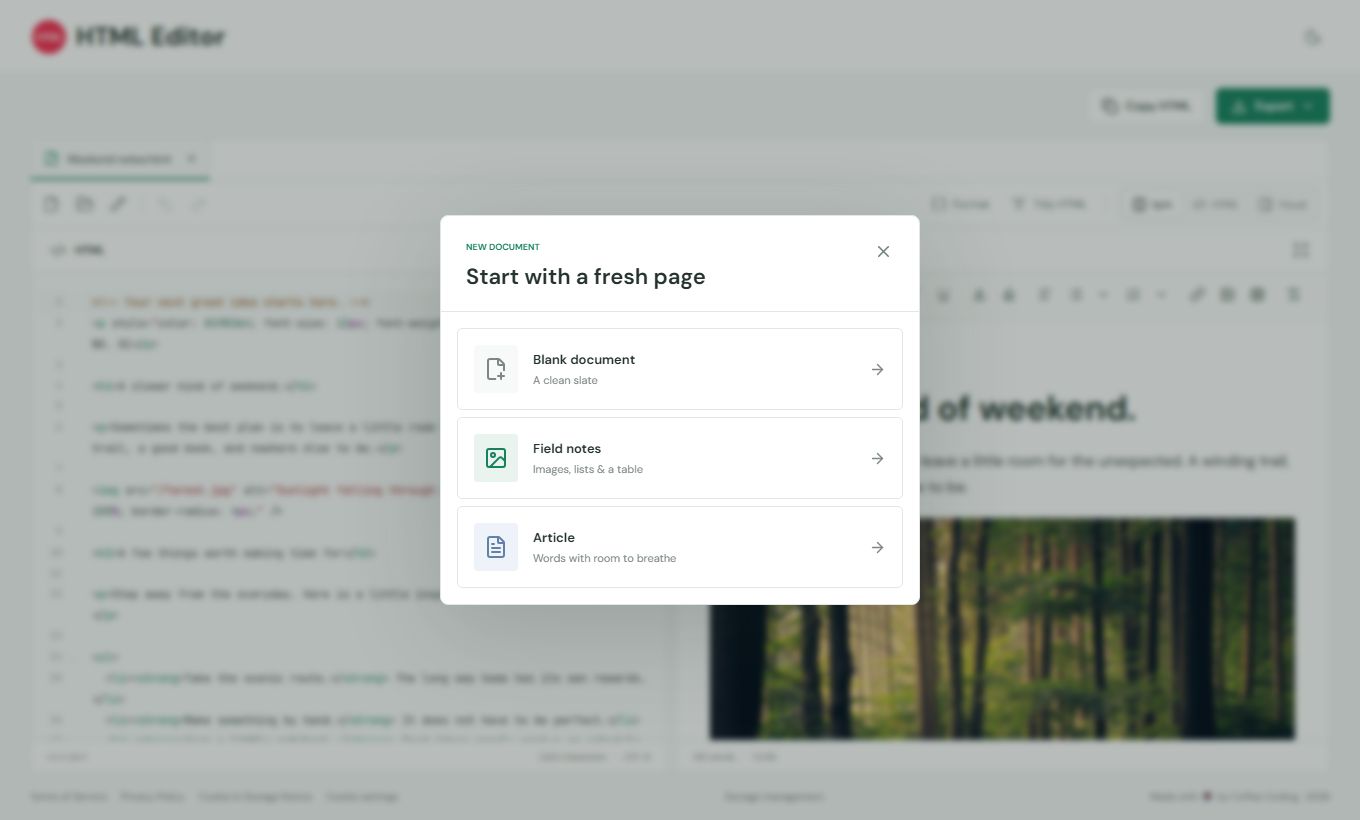 The New document dialog offering Blank document, Field notes and Article templates