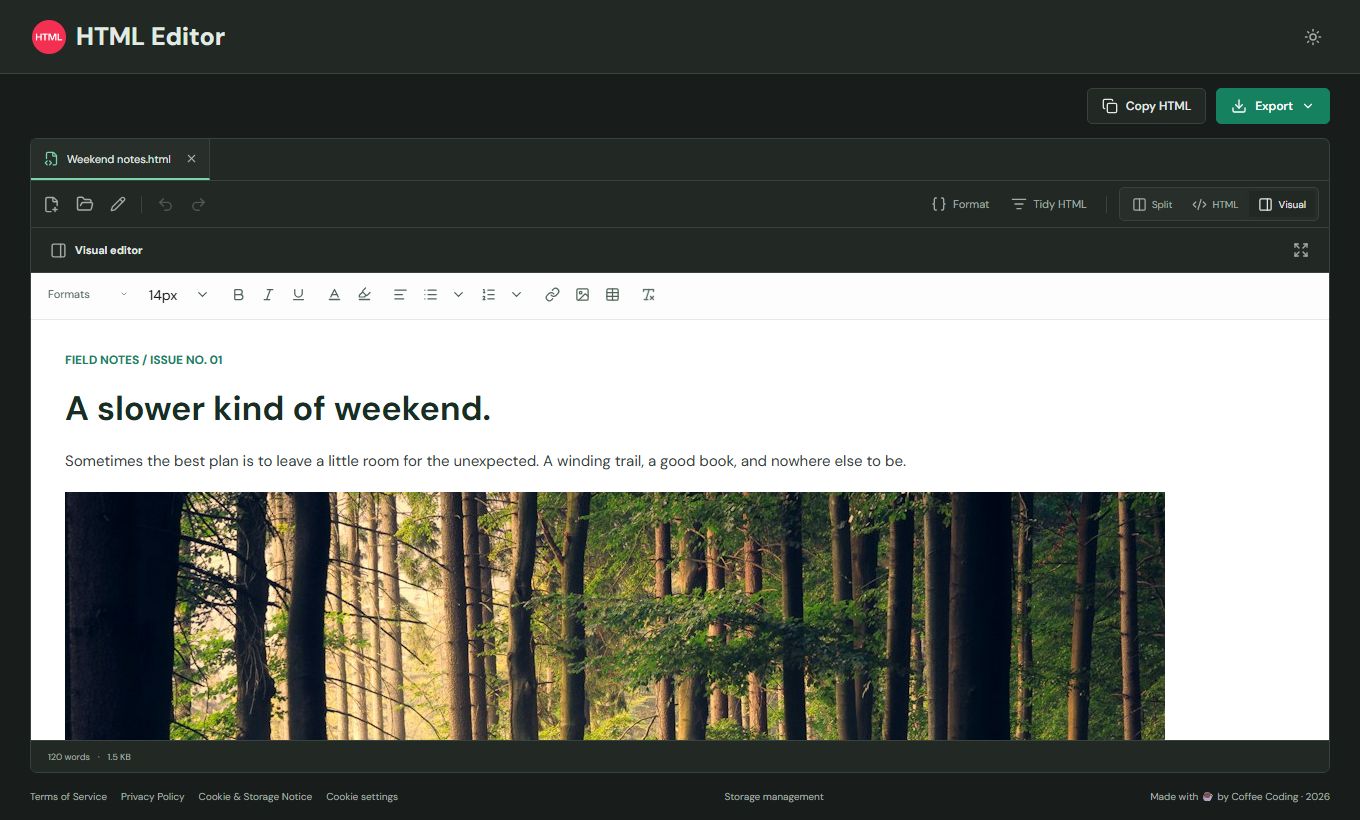 The visual editor layout in the dark theme